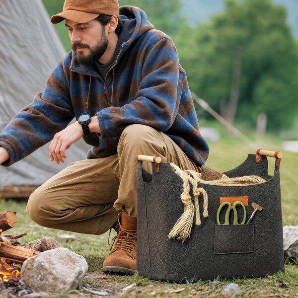 Outsunny Borsa in Feltro Portalegna da Interno con Manici in Legno, Capacità 15 kg, 45x32x40 cm, Grigio | Aosom Italy