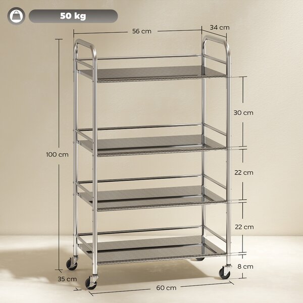 HOMCOM Carrello Multiuso a 4 Livelli con 2 Ripiani Regolabili e Bordi Rialzati, in Acciaio Inox, 60x35x100 cm | Aosom Italy