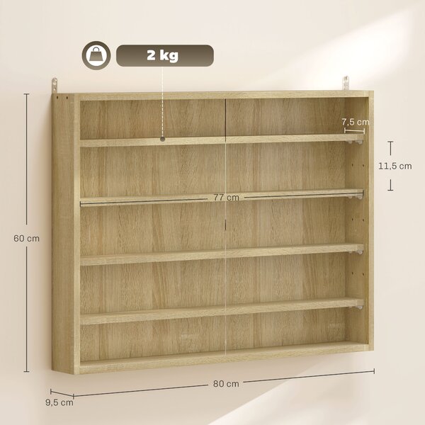 HOMCOM Bacheca Portaoggetti a 5 Ripiani Regolabili in Legno con Ante in Vetro, 80x9.5x60 cm, Color Legno | Aosom Italy