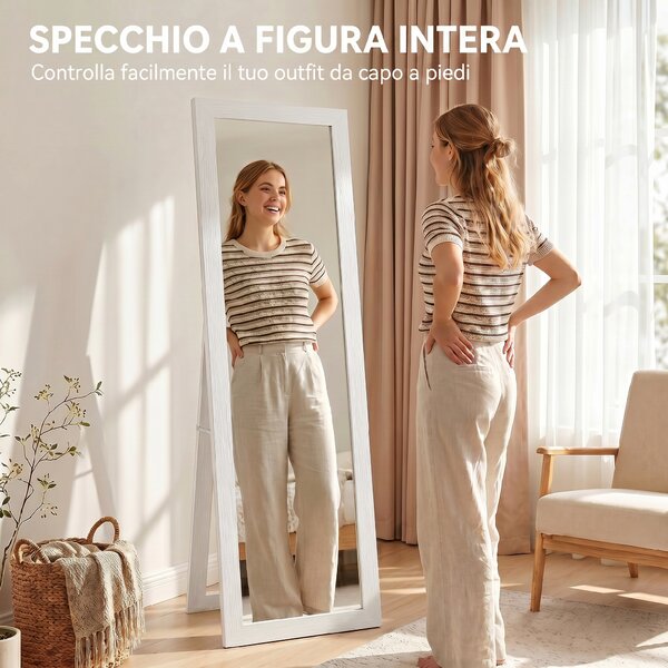HOMCOM Specchio da Terra a Figura Intera con Cornice e Supporto, in Legno e Vetro, 37x40x155 cm, Bianco | Aosom Italy