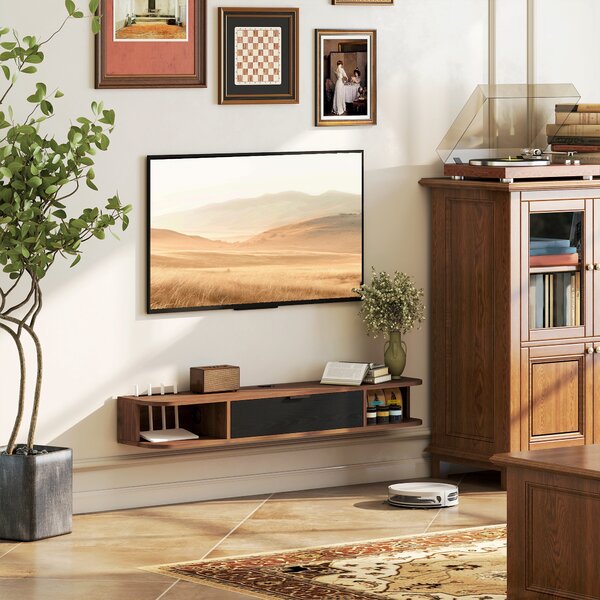 HOMCOM Mobile Porta TV fino 50" Sospeso con Cassetto, 2 Ripiani Aperti e Foro Passacavi, 120x24x16 cm, Noce | Aosom Italy