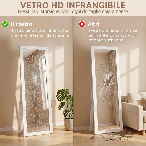 HOMCOM Specchio da Terra a Figura Intera con Cornice e Supporto, in Legno e Vetro, 37x40x155 cm, Bianco | Aosom Italy