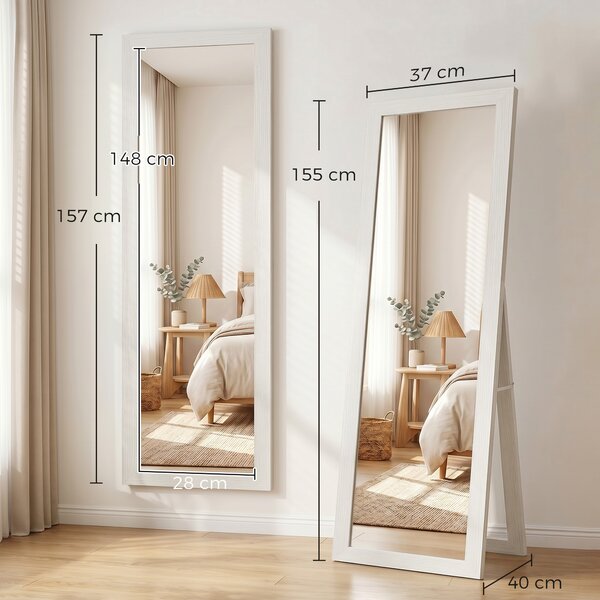 HOMCOM Specchio da Terra a Figura Intera con Cornice e Supporto, in Legno e Vetro, 37x40x155 cm, Bianco | Aosom Italy