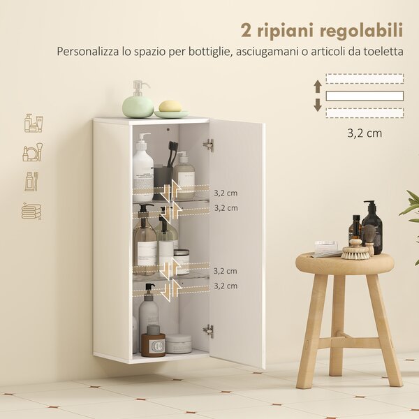 HOMCOM Mobiletto Bagno Pensile con 2 Ripiani in Vetro Regolabili e Anta Senza Maniglia, Bianco Lucido | Aosom Italy