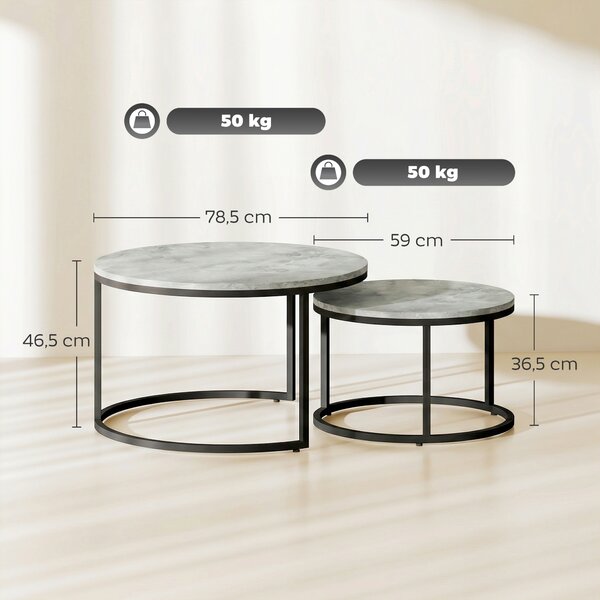 HOMCOM Set 2 Tavolini da Salotto Rotondi con Piano Effetto Marmo, in Legno e Metallo, Grigio Marmo | Aosom Italy