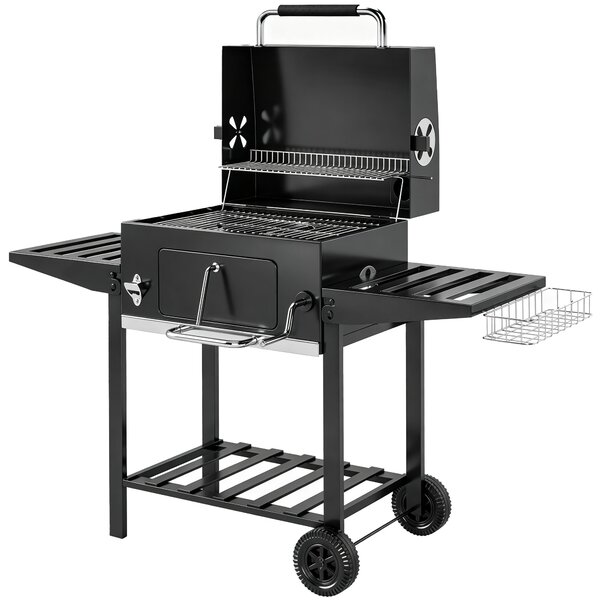 Outsunny Barbecue a Carbone a Rotelle con Griglia Regolabile e Ripiani Pieghevoli, in Acciaio e PP, 133.5x65x110 cm, Nero | Aosom Italy