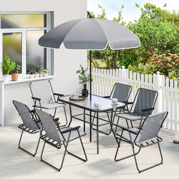 Outsunny Set da Giardino 8 pz con Ombrellone, 6 Sedie Pieghevoli e Tavolo da Esterno in Vetro Temperato, Grigio | Aosom Italy