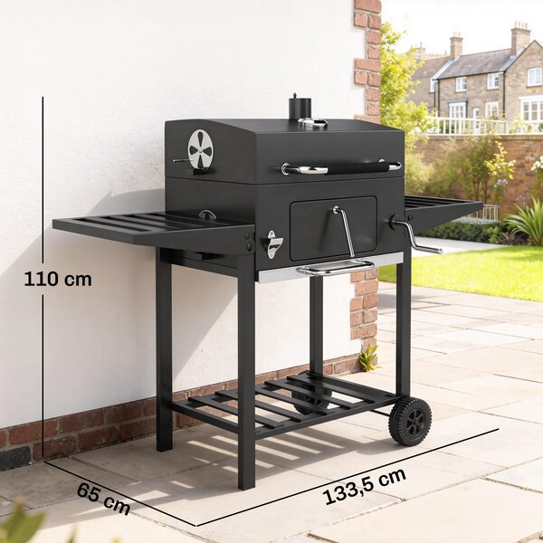 Outsunny Barbecue a Carbone a Rotelle con Griglia Regolabile e Ripiani Pieghevoli, in Acciaio e PP, 133.5x65x110 cm, Nero | Aosom Italy