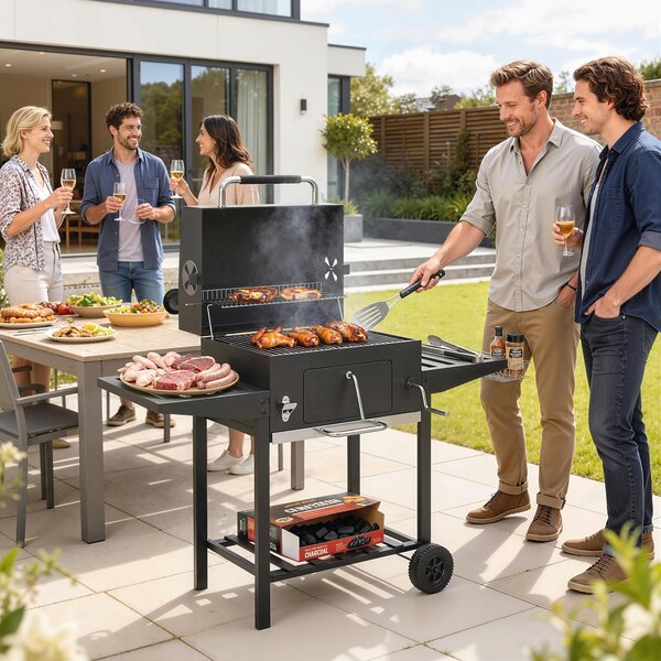 Outsunny Barbecue a Carbone a Rotelle con Griglia Regolabile e Ripiani Pieghevoli, in Acciaio e PP, 133.5x65x110 cm, Nero | Aosom Italy