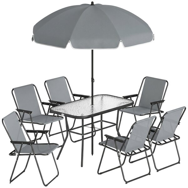 Outsunny Set da Giardino 8 pz con Ombrellone, 6 Sedie Pieghevoli e Tavolo da Esterno in Vetro Temperato, Grigio | Aosom Italy