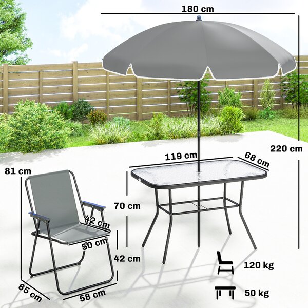 Outsunny Set da Giardino 8 pz con Ombrellone, 6 Sedie Pieghevoli e Tavolo da Esterno in Vetro Temperato, Grigio | Aosom Italy