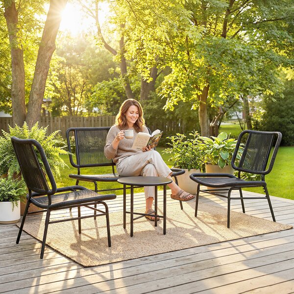 Outsunny Set Mobili Giardino Rattan 4 Pezzi, Divano Esterno con Tavolino Metallo, Nero | Aosom Italy