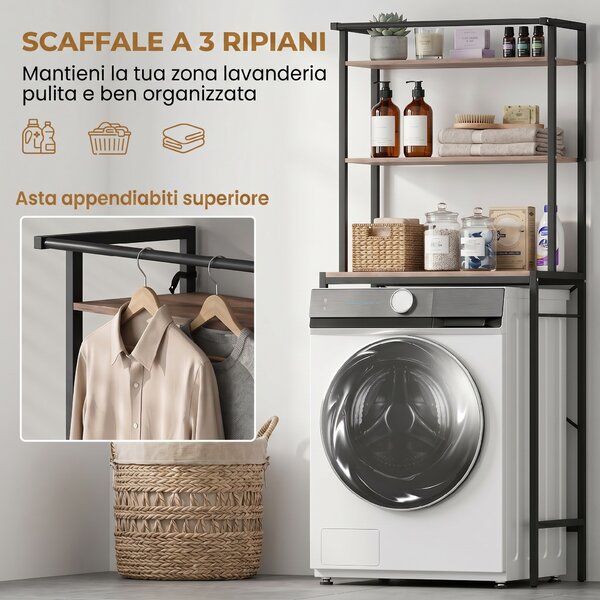HOMCOM Mensola 3 Ripiani sopra Lavatrice con Barra Appendiabiti, Marrone/Nero | Aosom Italy