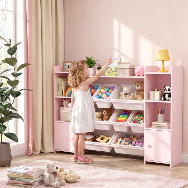 AIYAPLAY Scaffale Portagiochi per Bambini con 8 Contenitori Rimovibili e Armadietti, 140x30x90 cm, Rosa | Aosom Italy