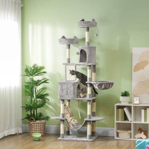 Albero per Gatti 60x50x206A cm con 4 Pali Graffiatoi Cesti Amache per 1-3 Gatti 6 kg in Peluche e Sisal Grigio Chiaro