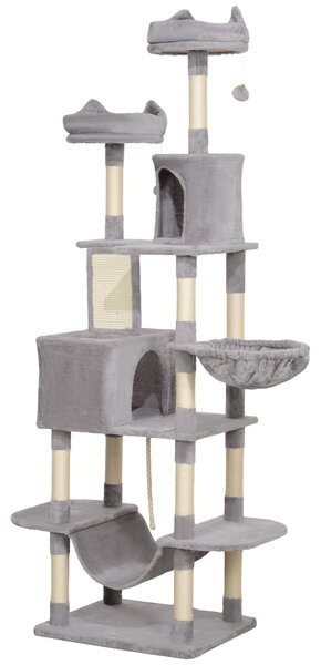 Albero per Gatti 60x50x206A cm con 4 Pali Graffiatoi Cesti Amache per 1-3 Gatti 6 kg in Peluche e Sisal Grigio Chiaro