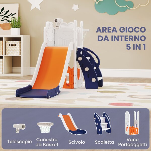 AIYAPLAY Set Scivolo per Bambini 5 in 1 con Canestro, Scaletta, Telescopio e Contenitori, Età 1-3 Anni, Blu scuro | Aosom Italy