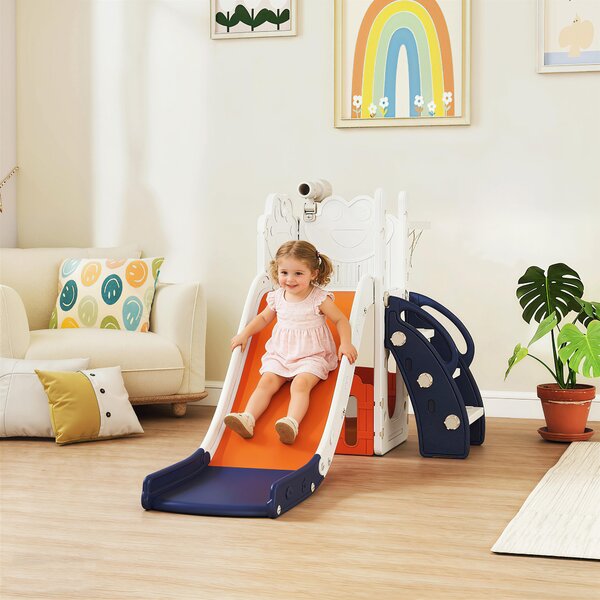 AIYAPLAY Set Scivolo per Bambini 5 in 1 con Canestro, Scaletta, Telescopio e Contenitori, Età 1-3 Anni, Blu scuro | Aosom Italy