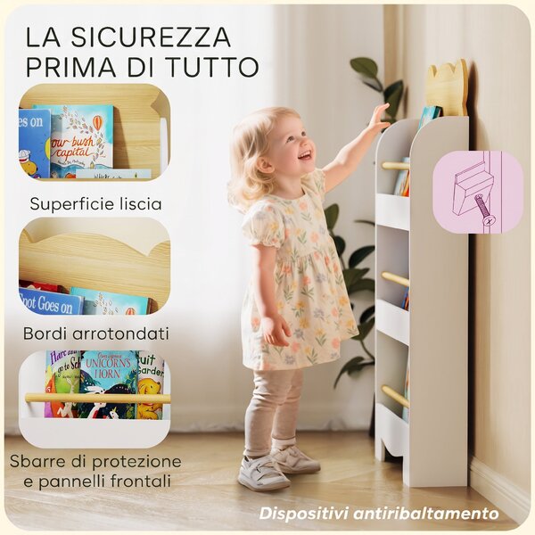 AIYAPLAY Libreria per Bambini con 3 Ripiani a Forma di Orsetto con Barriere Frontali, 55x15x110 cm, Color Legno | Aosom Italy