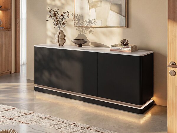 Credenza 3 ante con LED in MDF Nero ed effetto marmo Bianco - DEVIKA di Pascal MORABITO