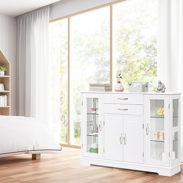 Costway Armadietto di legno con ante in vetro temperato e cassetti, Credenza per cucina e salone 107x30x82cm Bianco