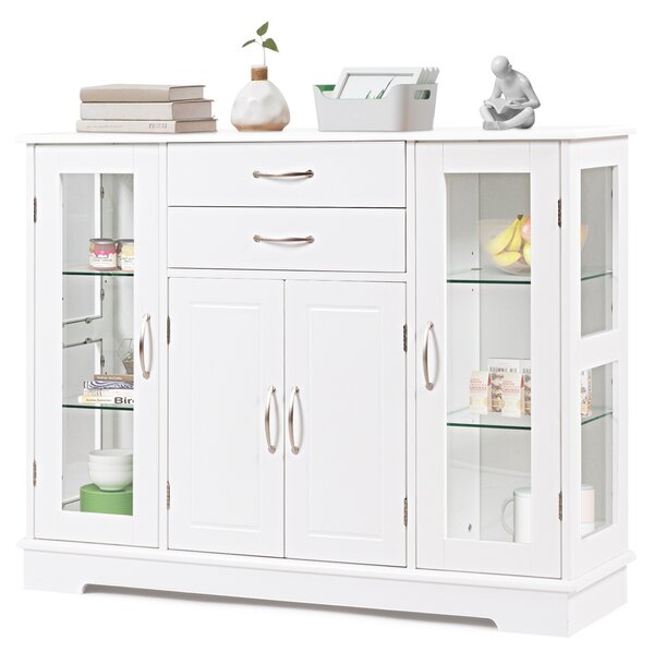 Costway Armadietto di legno con ante in vetro temperato e cassetti, Credenza per cucina e salone 107x30x82cm Bianco
