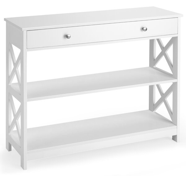 Costway Tavolo da ingresso per salone e corridoio con 1 cassetto e 2 mensole, Tavolino da parete con 3 livelli Bianco