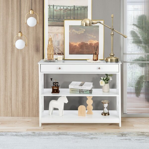 Costway Tavolo da ingresso per salone e corridoio con 1 cassetto e 2 mensole, Tavolino da parete con 3 livelli Bianco