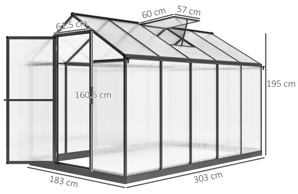 Outsunny Serra da Giardino in Alluminio e Policarbonato, Serra con Finestre Superiori Regolabili, 303x183x195 cm, Trasparente | Aosom Italy