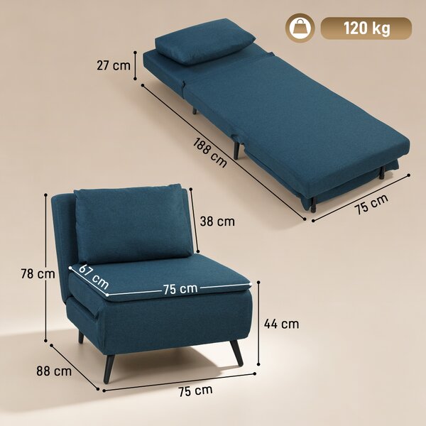 HOMCOM Poltrona Convertibile Singola, Poltrona-Letto Clic-Clac 3-in-1 con Schienale Regolabile, Cuscino e Seduta Ampia, Blu | Aosom Italy