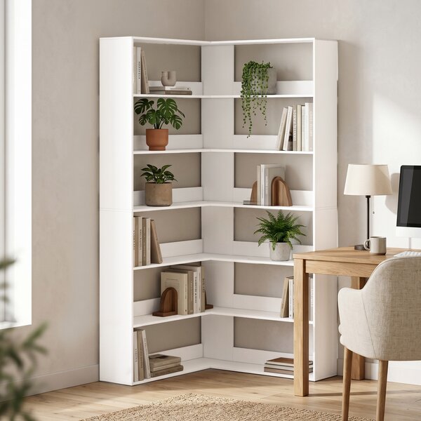 HOMCOM Scaffale con 7 Ripiani, Scaffale Angolare a L con Protezione Posteriore Antiscivolo, Bianco Effetto Legno | Aosom Italy