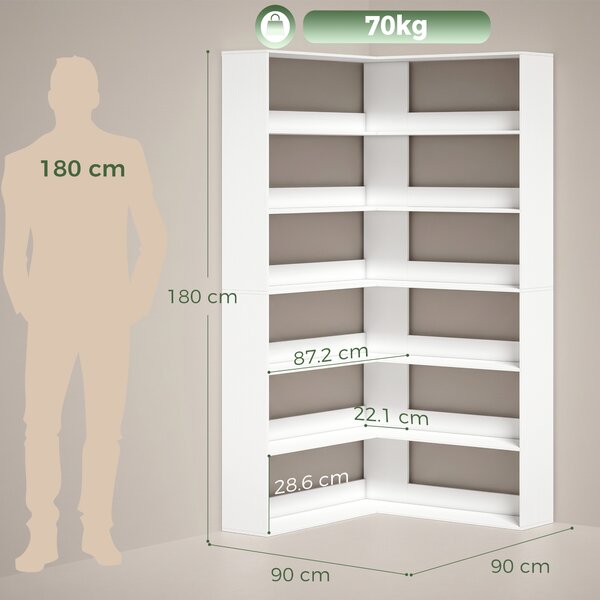 HOMCOM Scaffale con 7 Ripiani, Scaffale Angolare a L con Protezione Posteriore Antiscivolo, Bianco Effetto Legno | Aosom Italy