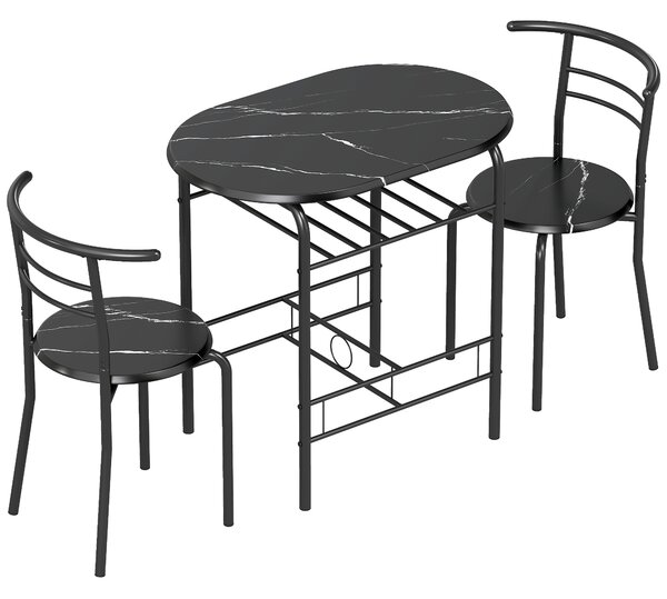 HOMCOM Set da Pranzo 3 Pezzi, Tavolo da Cucina con Sedie per 2 Persone e Ripiano, Effetto Marmo Nero | Aosom Italy
