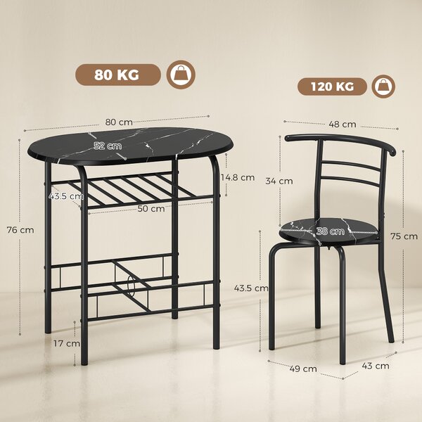 HOMCOM Set da Pranzo 3 Pezzi, Tavolo da Cucina con Sedie per 2 Persone e Ripiano, Effetto Marmo Nero | Aosom Italy