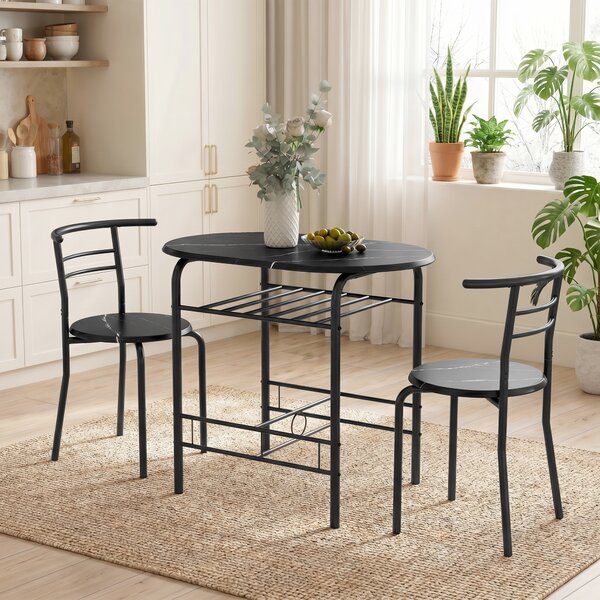 HOMCOM Set da Pranzo 3 Pezzi, Tavolo da Cucina con Sedie per 2 Persone e Ripiano, Effetto Marmo Nero | Aosom Italy
