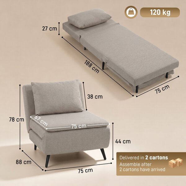 HOMCOM Poltrona Convertibile Singola, Poltrona-Letto Clic-Clac 3-in-1 con Schienale Regolabile, Cuscino e Seduta Ampia, Marrone Chiaro | Aosom Italy