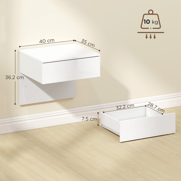 HOMCOM Set di 2 Comodini Sospesi con Cassetto, Montaggio a Parete, per Camera da Letto, 40x35x36,2 cm, Bianco Lucido | Aosom Italy