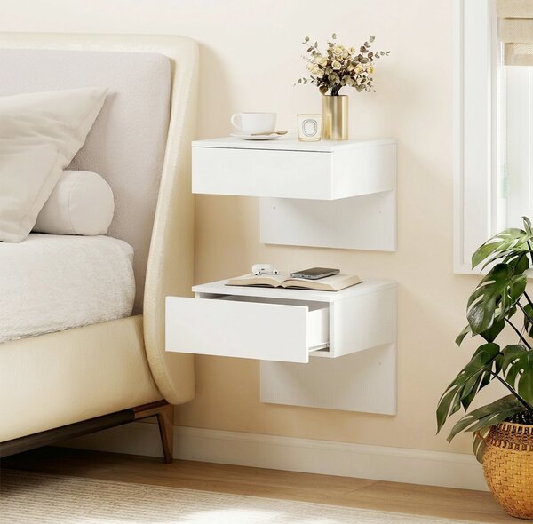 HOMCOM Set di 2 Comodini Sospesi con Cassetto, Montaggio a Parete, per Camera da Letto, 40x35x36,2 cm, Bianco Lucido | Aosom Italy