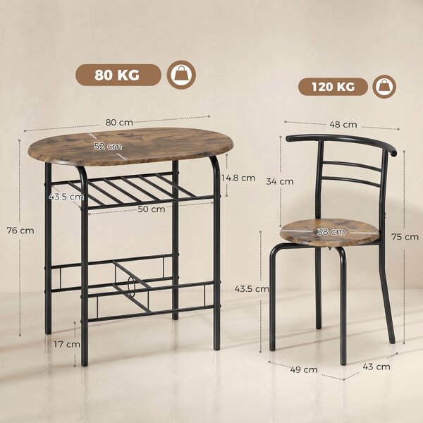 HOMCOM Set da Pranzo 3 Pezzi, Tavolo da Cucina con Sedie per 2 Persone e Ripiano, Marrone Rustico | Aosom Italy