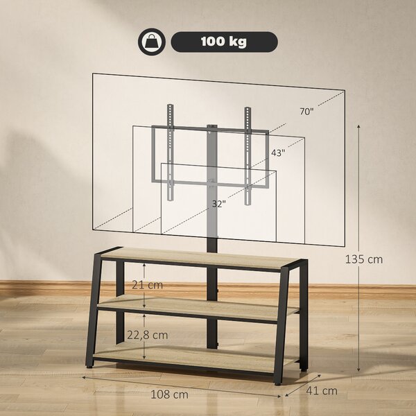 HOMCOM Mobile TV con Supporto per Televisori da 81 a 178 cm, Ripiani Aperti, Angolo Regolabile 35°, 108x41x135 cm, Effetto Legno Naturale | Aosom Italy