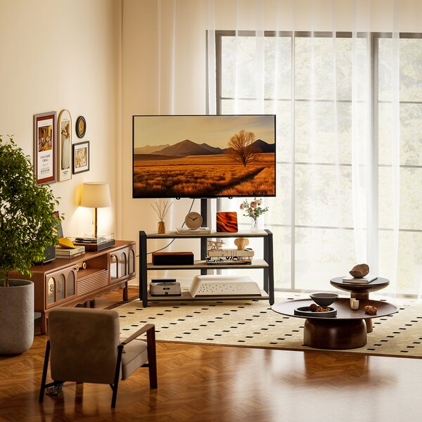 HOMCOM Mobile TV con Supporto per Televisori da 81 a 178 cm, Ripiani Aperti, Angolo Regolabile 35°, 108x41x135 cm, Effetto Legno Naturale | Aosom Italy
