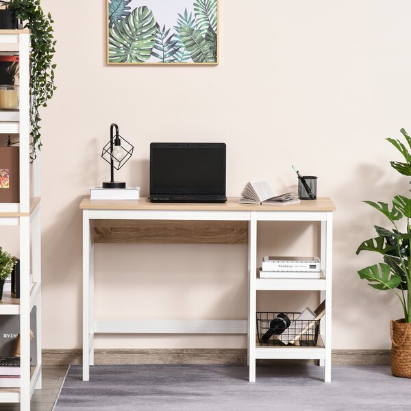 HOMCOM Scrivania per Computer Multimediale con 2 Ripiani Laterali, in MDF E1, 110x48x76 cm, Rovere Chiaro e Bianco | Aosom Italy
