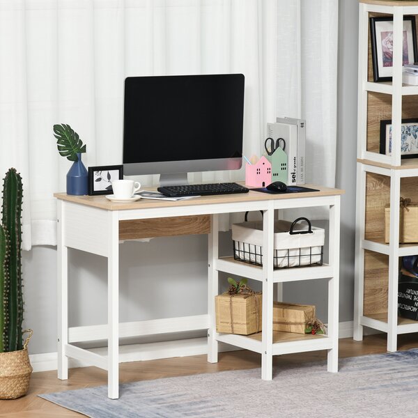 HOMCOM Scrivania per Computer Multimediale con 2 Ripiani Laterali, in MDF E1, 110x48x76 cm, Rovere Chiaro e Bianco | Aosom Italy