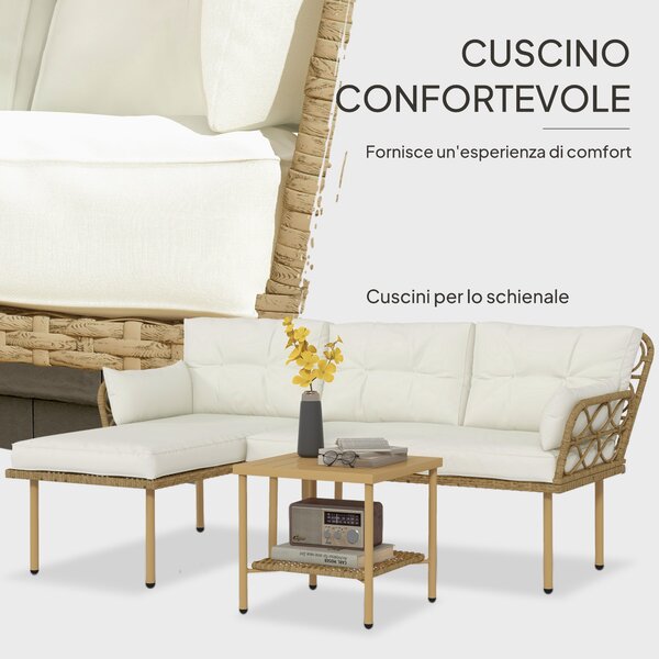 Outsunny Set da Giardino 3pz con Chaise Longue, Divanetto, Cuscini e Tavolino, in Rattan e Acciaio, Bianco Crema e Legno | Aosom Italy