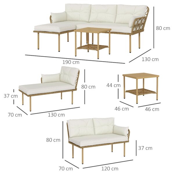 Outsunny Set da Giardino 3pz con Chaise Longue, Divanetto, Cuscini e Tavolino, in Rattan e Acciaio, Bianco Crema e Legno | Aosom Italy