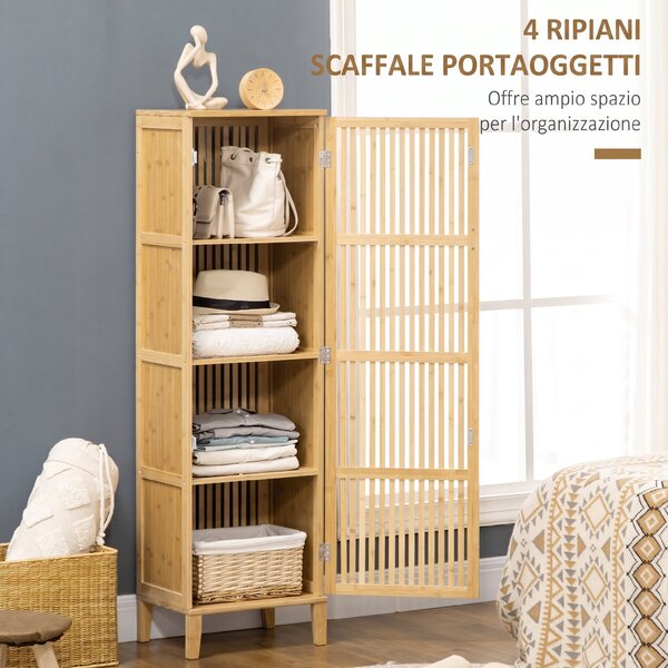 HOMCOM Mobile Bagno Stretto in Bambù, Mobiletto Bagno Salvaspazio con 4 Ripiani e Porta a Doghe, 40x30x140 cm, Naturale | Aosom Italy