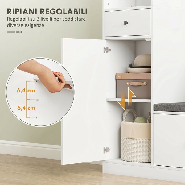 HOMCOM Appendiabiti 180 cm con Panca Porta Scarpe, Soluzione 4-in-1 con Ripiano Regolabile, 4 Ganci e Scomparti Aperti, per Ingresso Soggiorno, Bianco | Aosom Italy