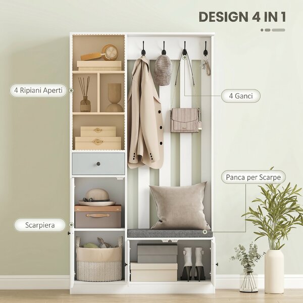 HOMCOM Appendiabiti 180 cm con Panca Porta Scarpe, Soluzione 4-in-1 con Ripiano Regolabile, 4 Ganci e Scomparti Aperti, per Ingresso Soggiorno, Bianco | Aosom Italy