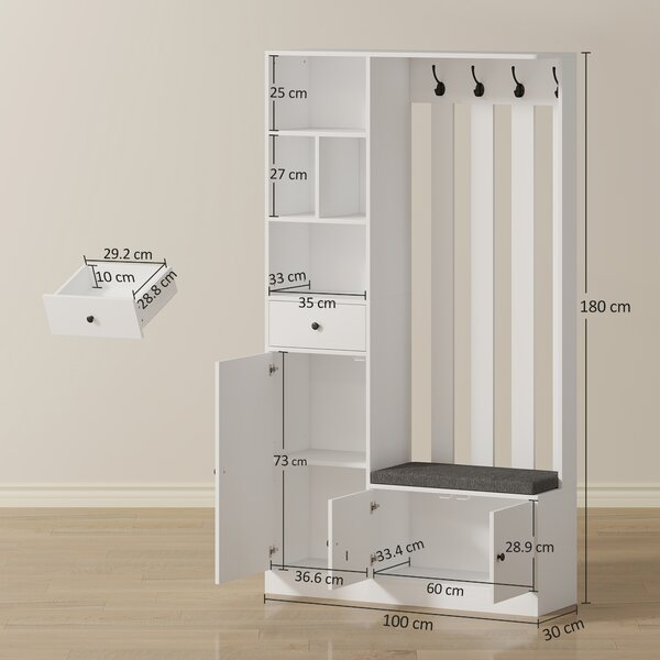 HOMCOM Appendiabiti 180 cm con Panca Porta Scarpe, Soluzione 4-in-1 con Ripiano Regolabile, 4 Ganci e Scomparti Aperti, per Ingresso Soggiorno, Bianco | Aosom Italy
