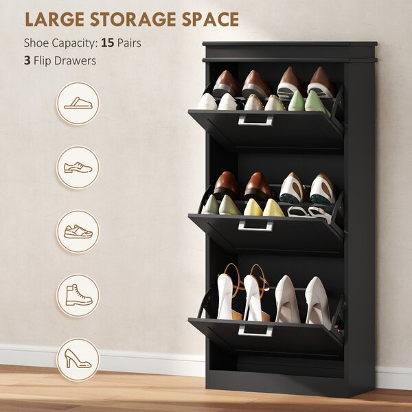 HOMCOM Scarpiera Moderna con 3 Cassetti Ribaltabili per 15 Paia di Scarpe e Ripiano Regolabile, 54x24x117.5cm, Nero